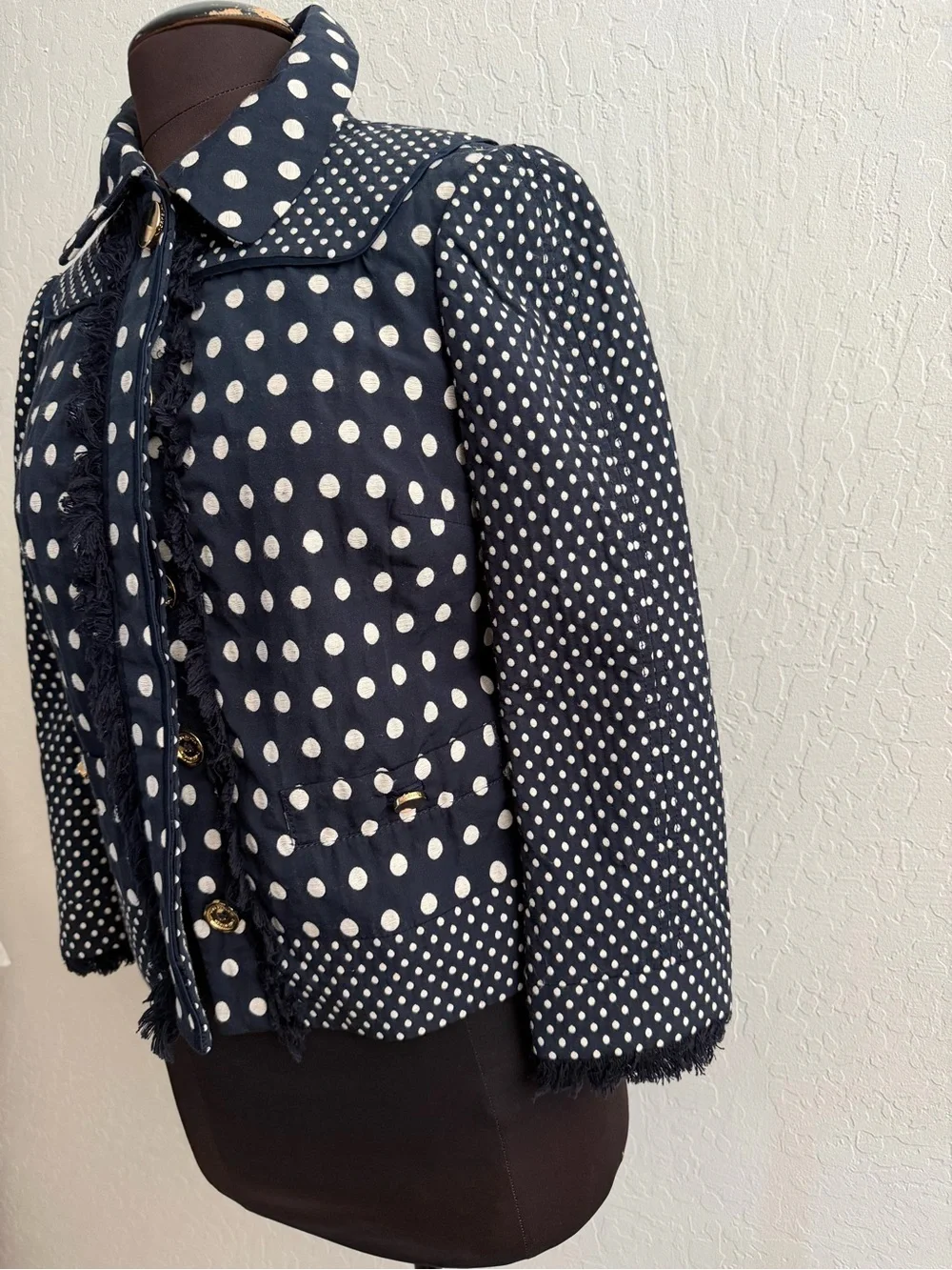 Tory Burch Leonora Polka Dot Fringe Navy Blue Jacket